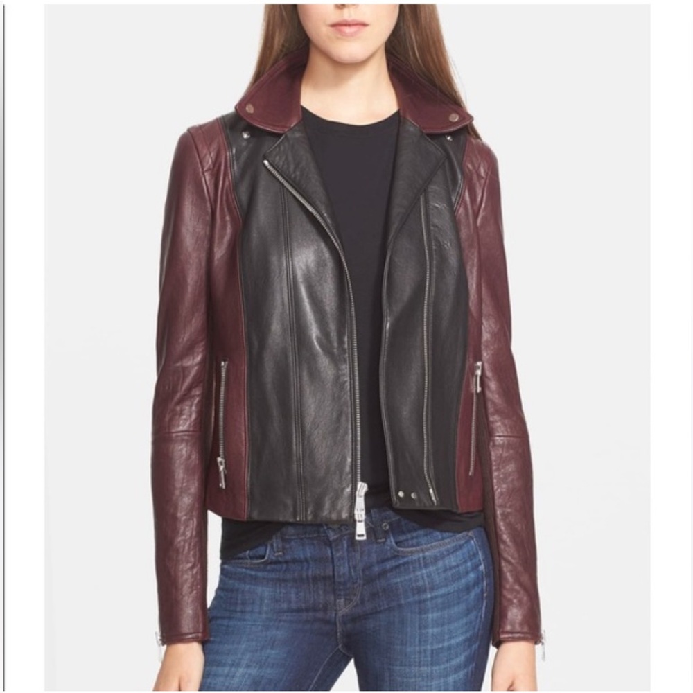 Vince Color Block Black and Plum Women's Genuine Lamb Leather Moto Jacket Size L